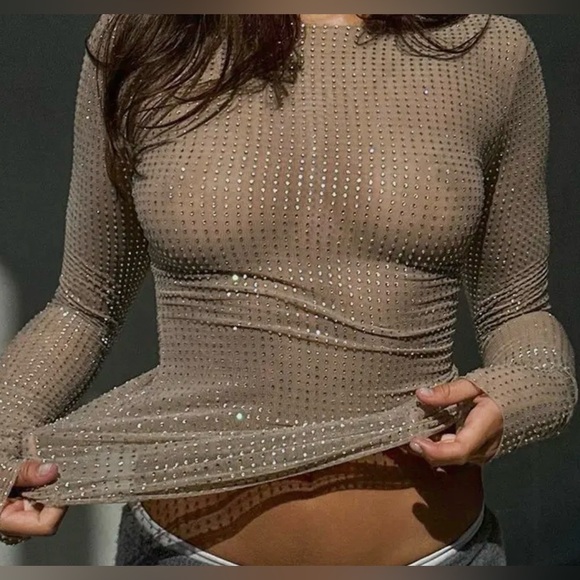 Tops - Taupe Sparkly Mesh Layering Top